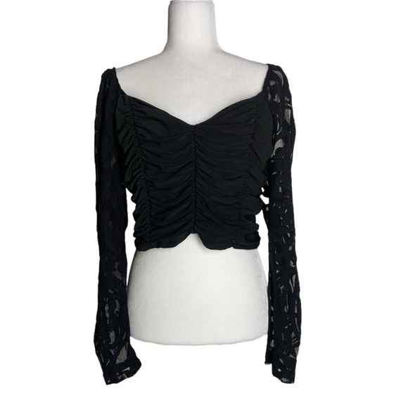 Black Lace Long sleeves Ruched Crop Top Off Shoulder - Picture 1 of 6
